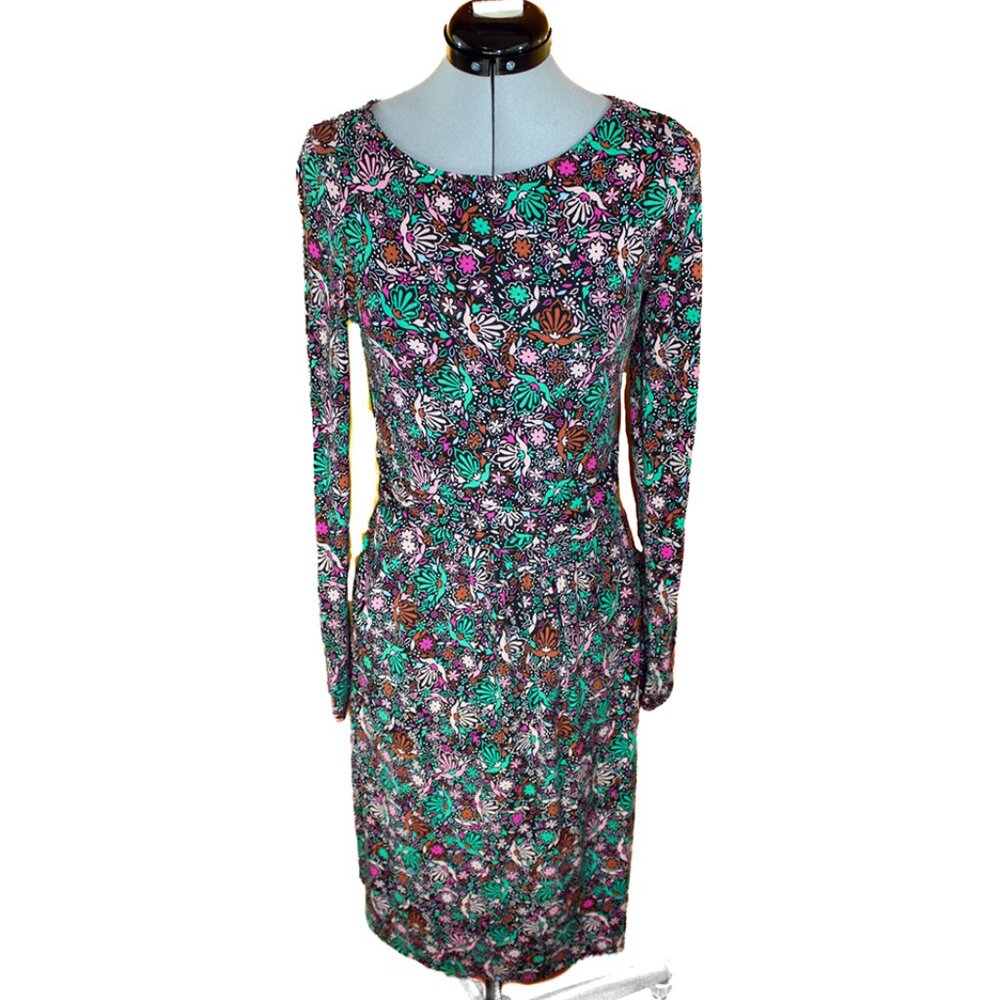 Long Sleeve Floral Sheath Dress in Green and Pink